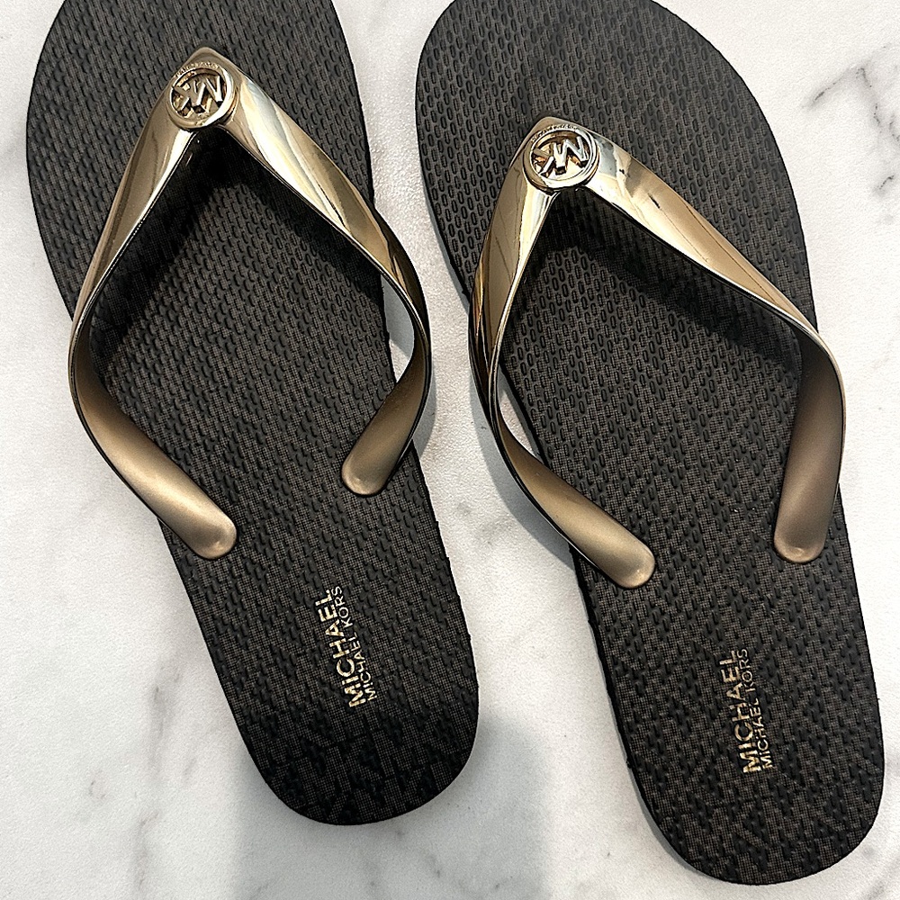 Michael Kors Gold and Black Flip Flops